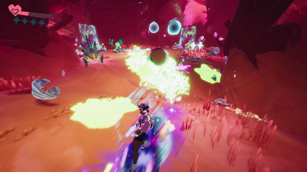 June dashes through a bright otherworldly combat arena in Usual June