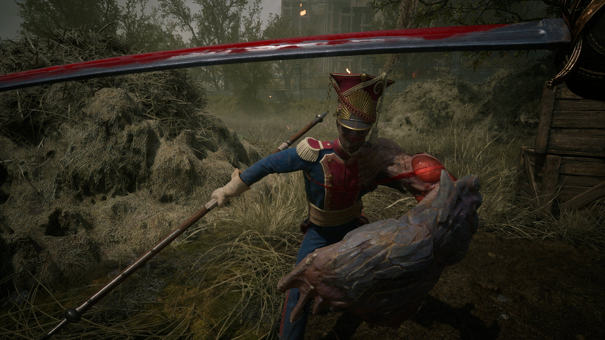 Valor Mortis first-person combat with William blocking a red-uniformed soldier