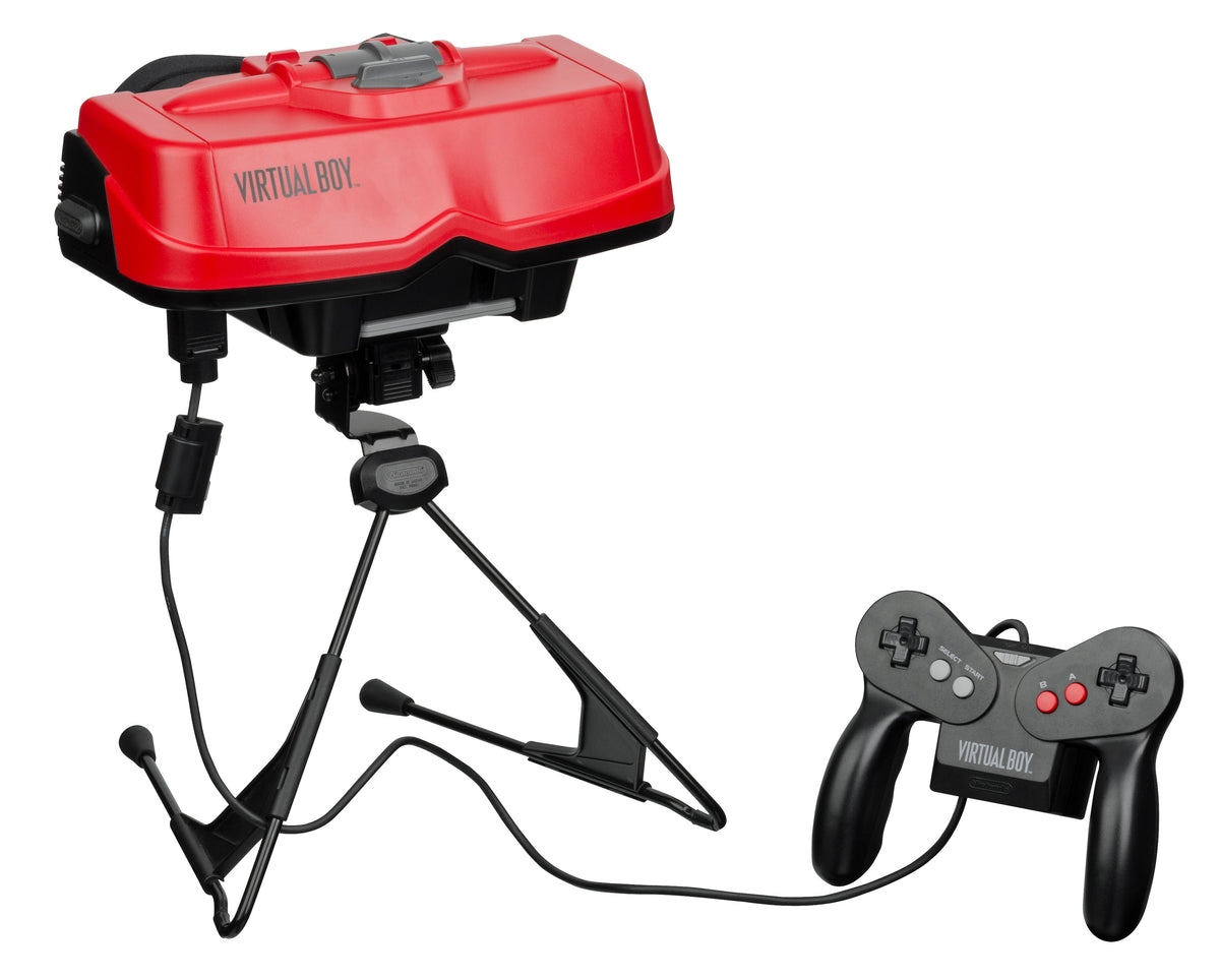 Original Nintendo Virtual Boy on its stand with its wired controller