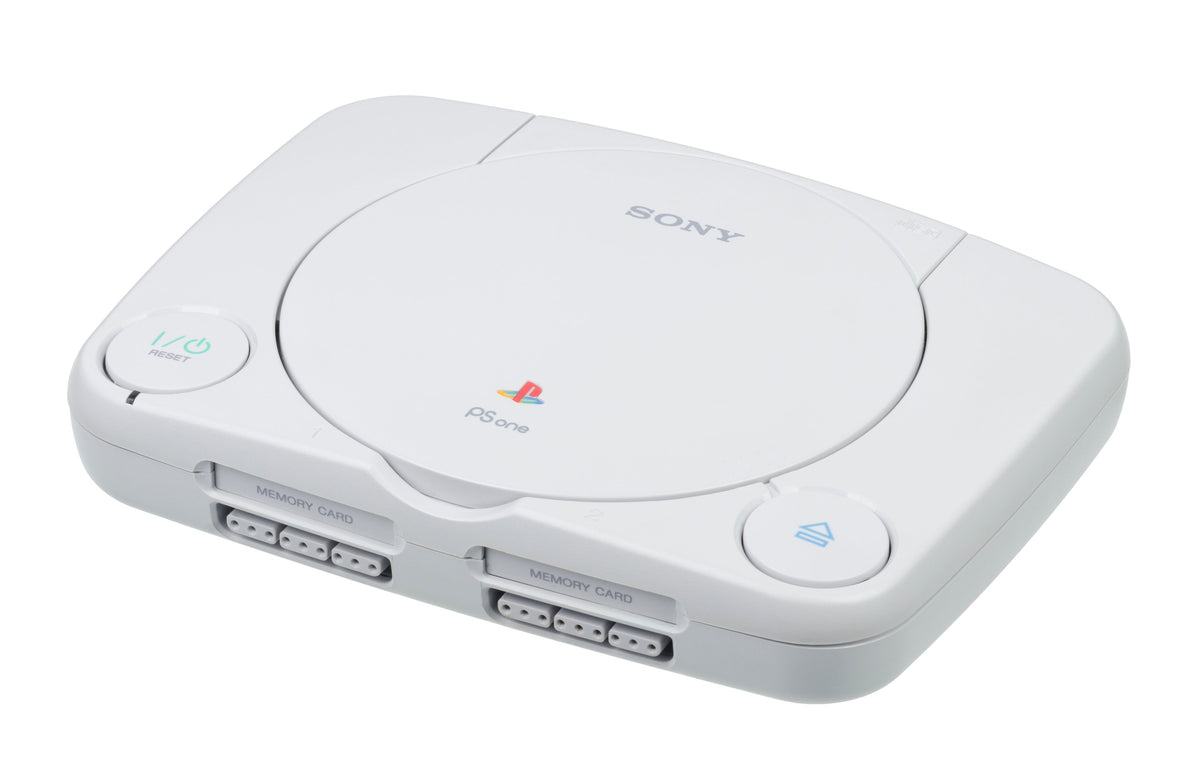 Sony PS one compact original PlayStation console, photographed from the front left