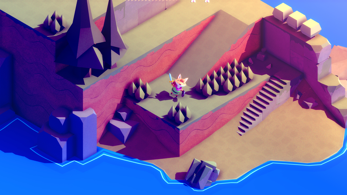 The fox raises a sword on a terraced coastal path in TUNIC