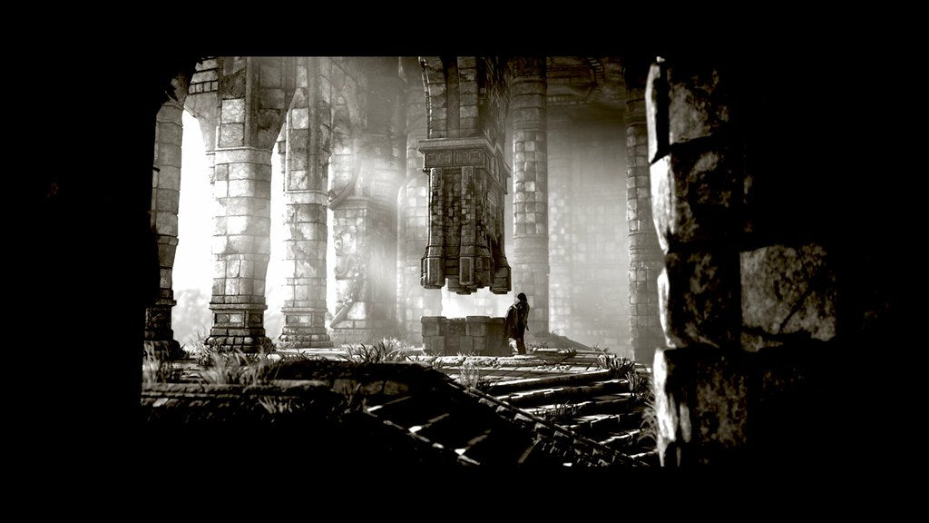 Wander standing in the sunlit shrine in Shadow of the Colossus on PS4