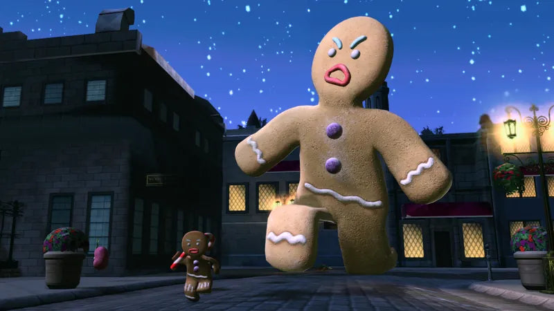 A giant gingerbread man walking through Far Far Away in Shrek 2 Remastered
