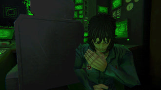 A crew member sits beside a monitor in a green-lit scene from Mouthwashing