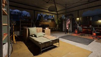 Official announcement illustration showing an interior living or sleeping tent with a cot, crates, and computer desks in Quarantine Zone: Miami Zero.