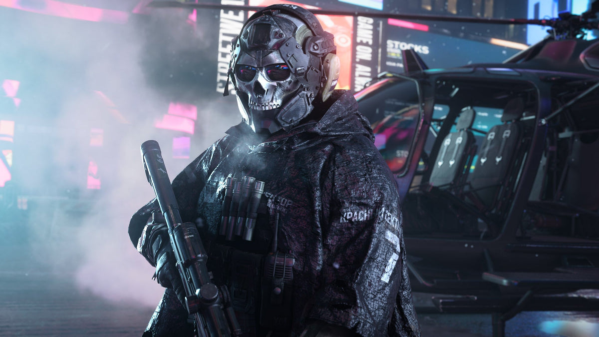 Modern Warfare 4 Operator wearing a skull mask and hooded tactical poncho standing in front of an extraction helicopter.