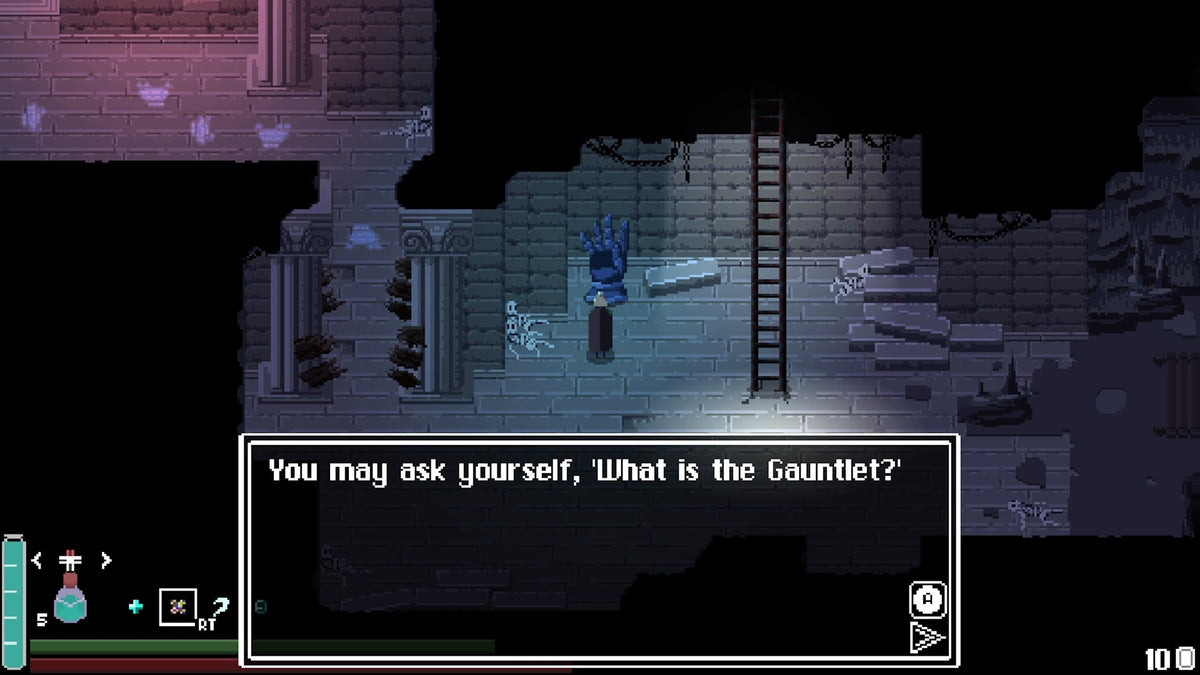 Gameplay screenshot from Fountains showing the player interacting with the Gauntlet NPC.