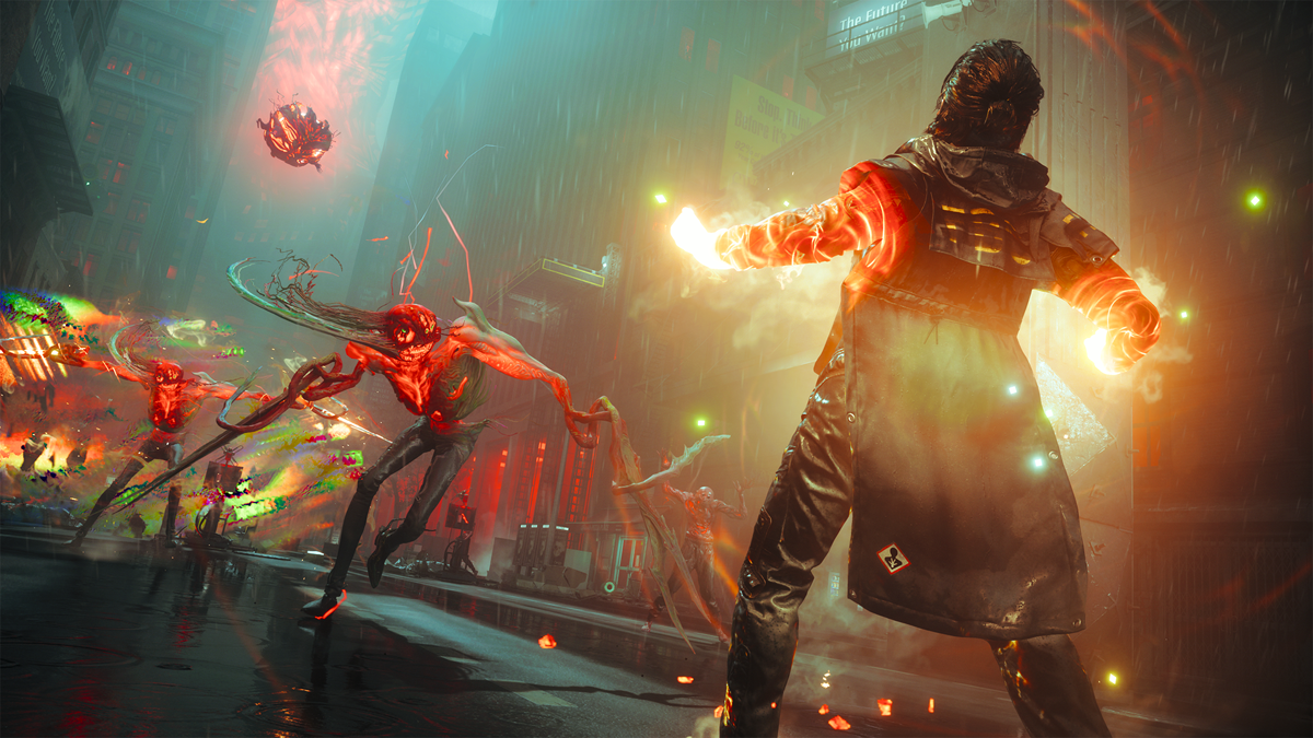 Dylan faces enemies on a distorted city street in Control Resonant