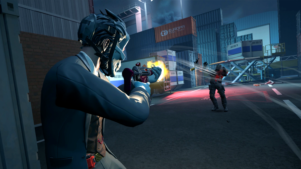 A masked heister fires a weapon in a shipping yard in PAYDAY Aces High