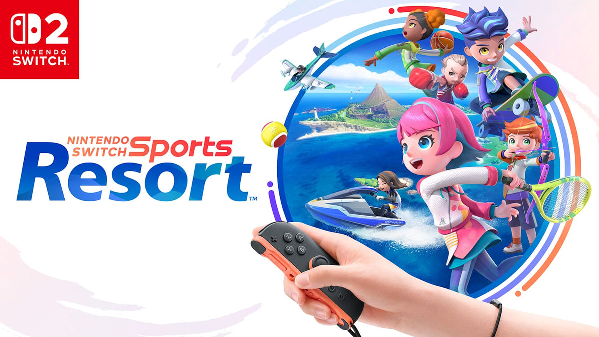 Official key promotional art for Nintendo Switch Sports Resort showcasing characters engaging in various island sports while a player holds a Joy-Con 2 controller.