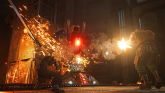 Cloud and Barret battle a mechanical enemy in Final Fantasy VII Remake Intergrade on PC