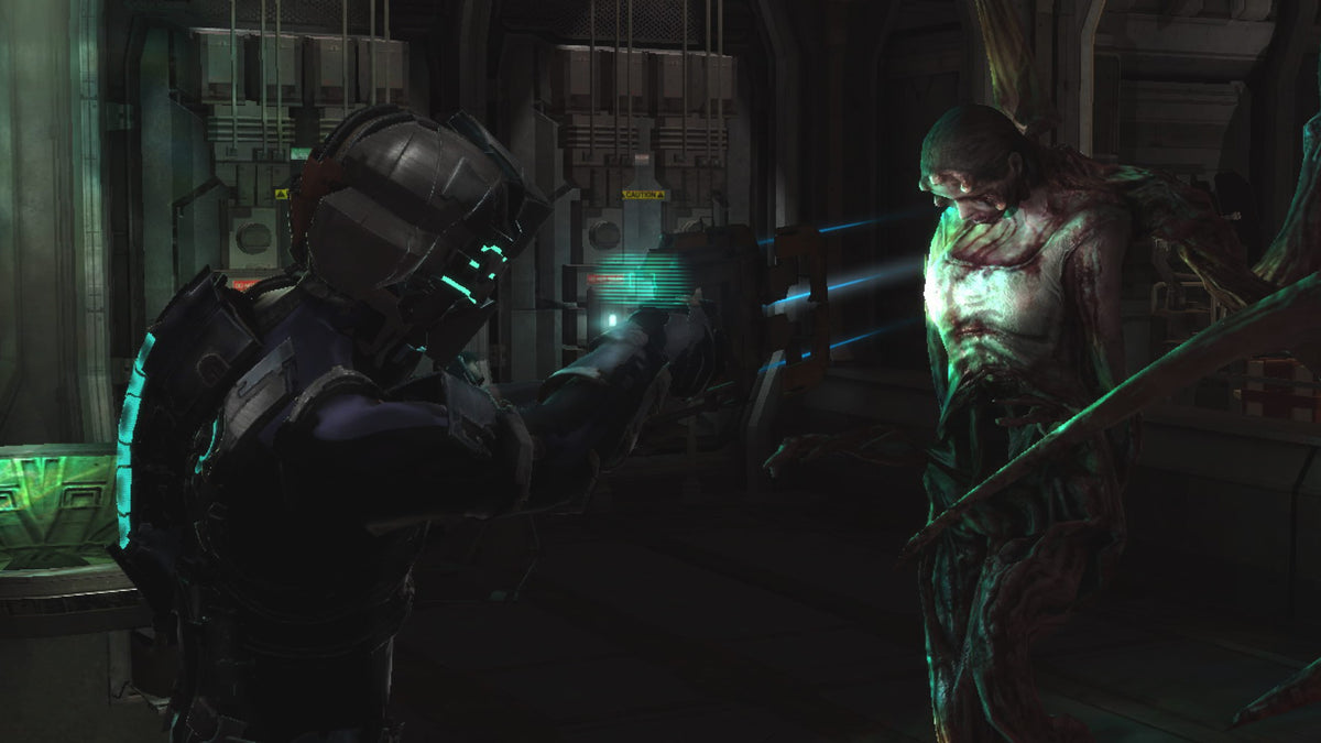 Official screenshot of Isaac Clarke aiming his plasma cutter at a necromorph in Dead Space 2