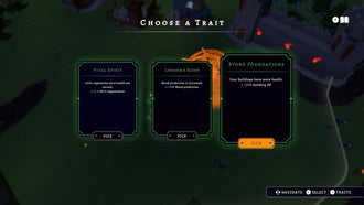 Becastled gameplay screen displaying three trait selection cards including Vital Spirit, Logger's Boon, and Stone Foundations