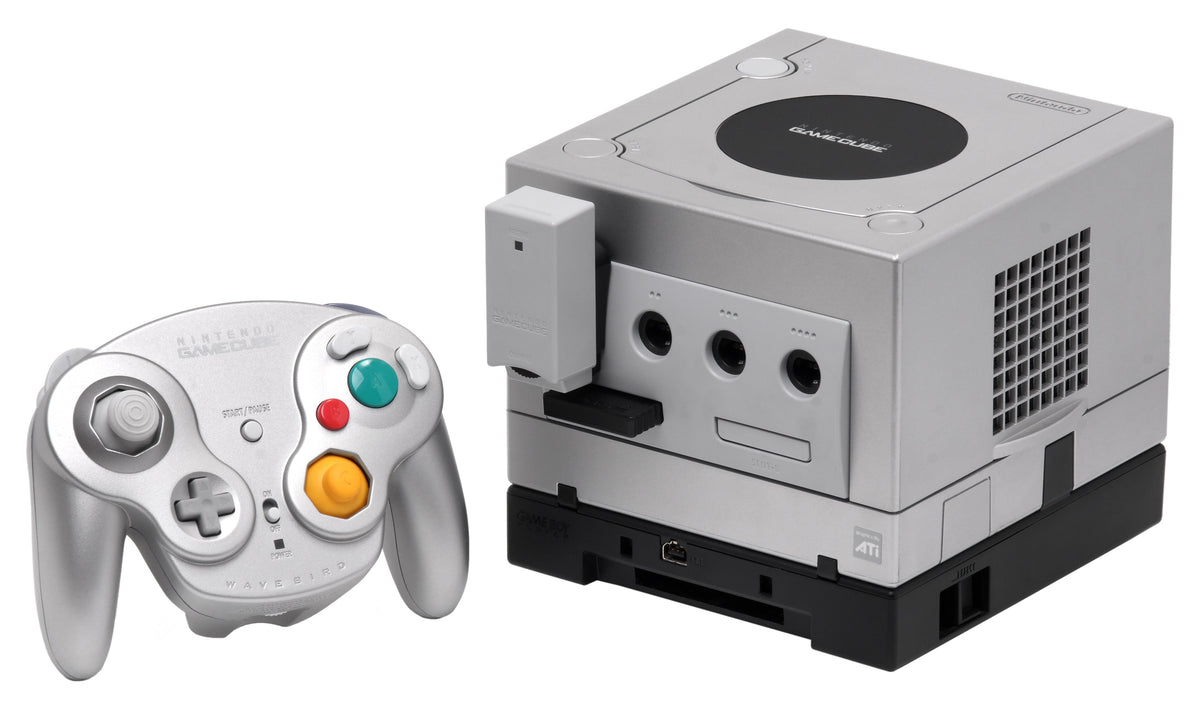 Silver GameCube with Game Boy Player, WaveBird controller, receiver and Memory Card