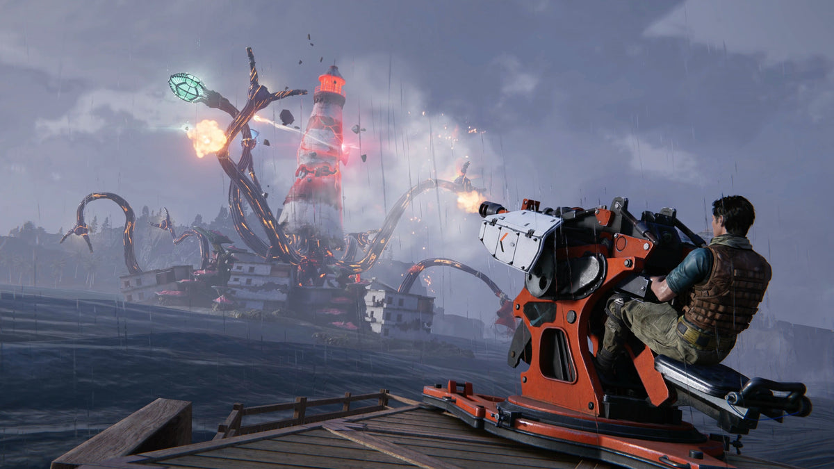 Once Human player firing a naval cannon toward the Sunken Lord lighthouse in Isles of Abyss