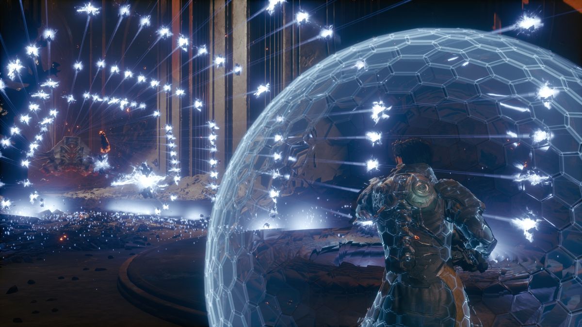 Arjun shields against a storm of blue projectiles in Saros
