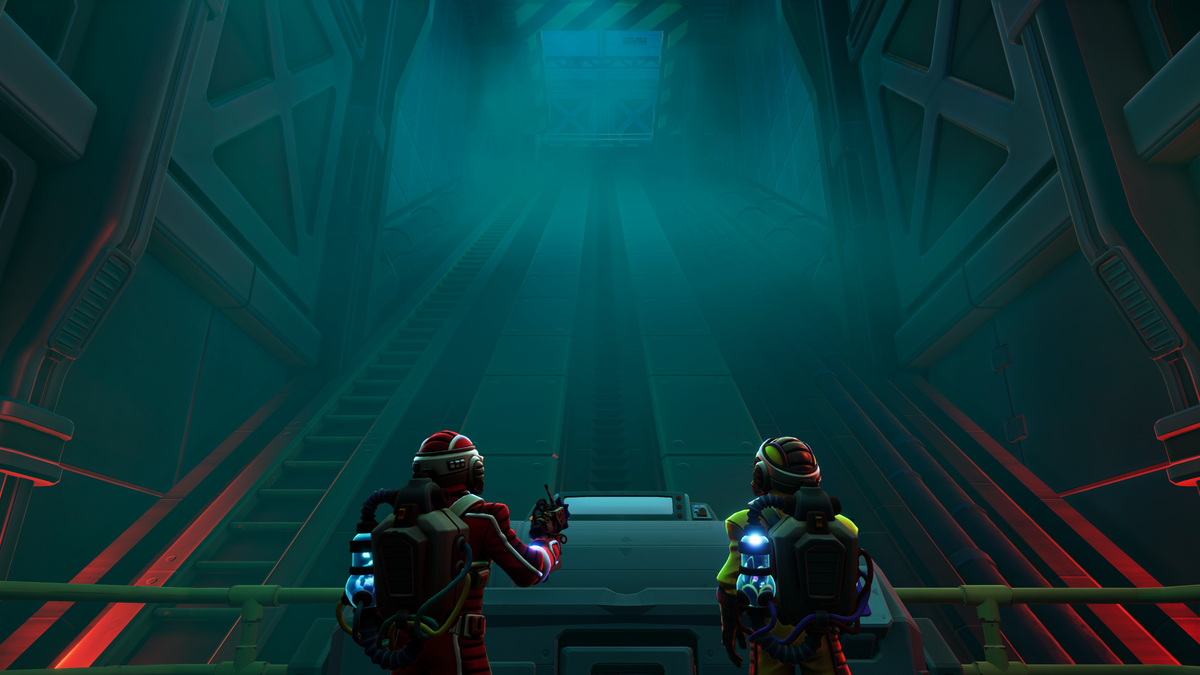 Two explorers face a towering industrial shaft in We Were Here Tomorrow