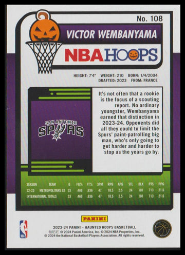 
2023-24 Hoops Haunted Hoops #108 Victor Wembanyama Orange