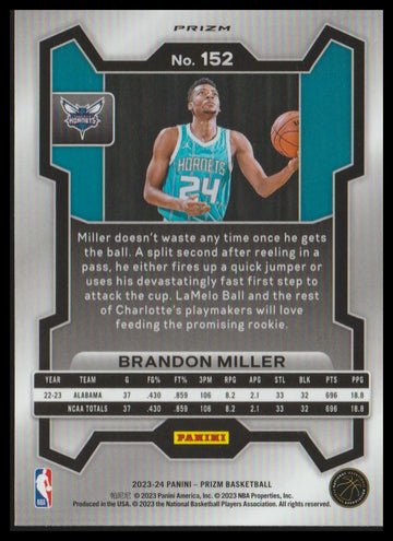 
2023-24 Panini Prizm #152 Brandon Miller Prizms Pink Ice