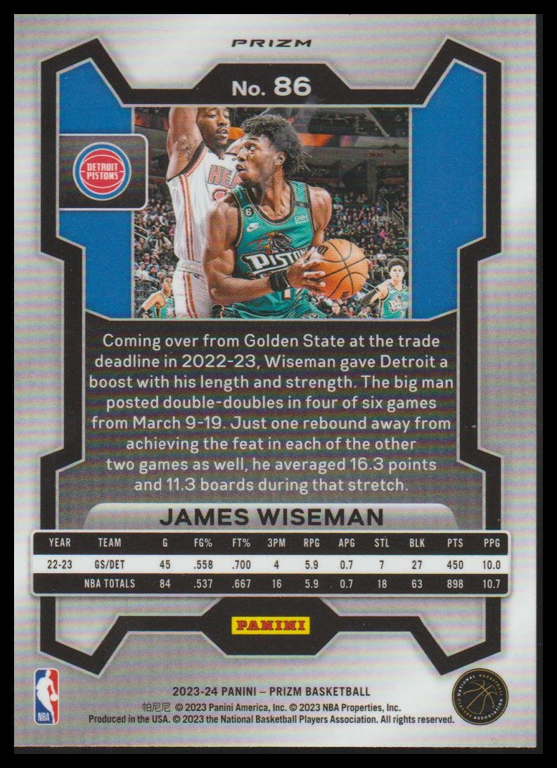 2023-24 Panini Prizm #86 James Wiseman Prizms Silver