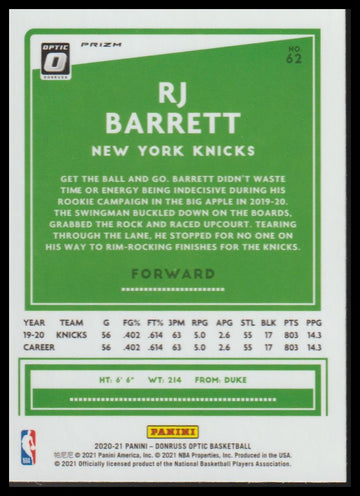 2020-21 Donruss Optic #62 RJ Barrett Purple