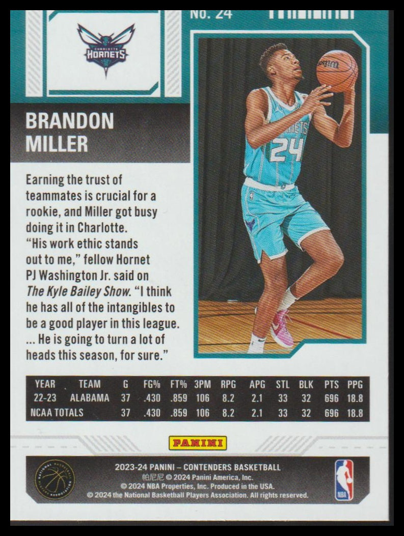 2023-24 Panini Contenders #24 Brandon Miller Game Ticket Red