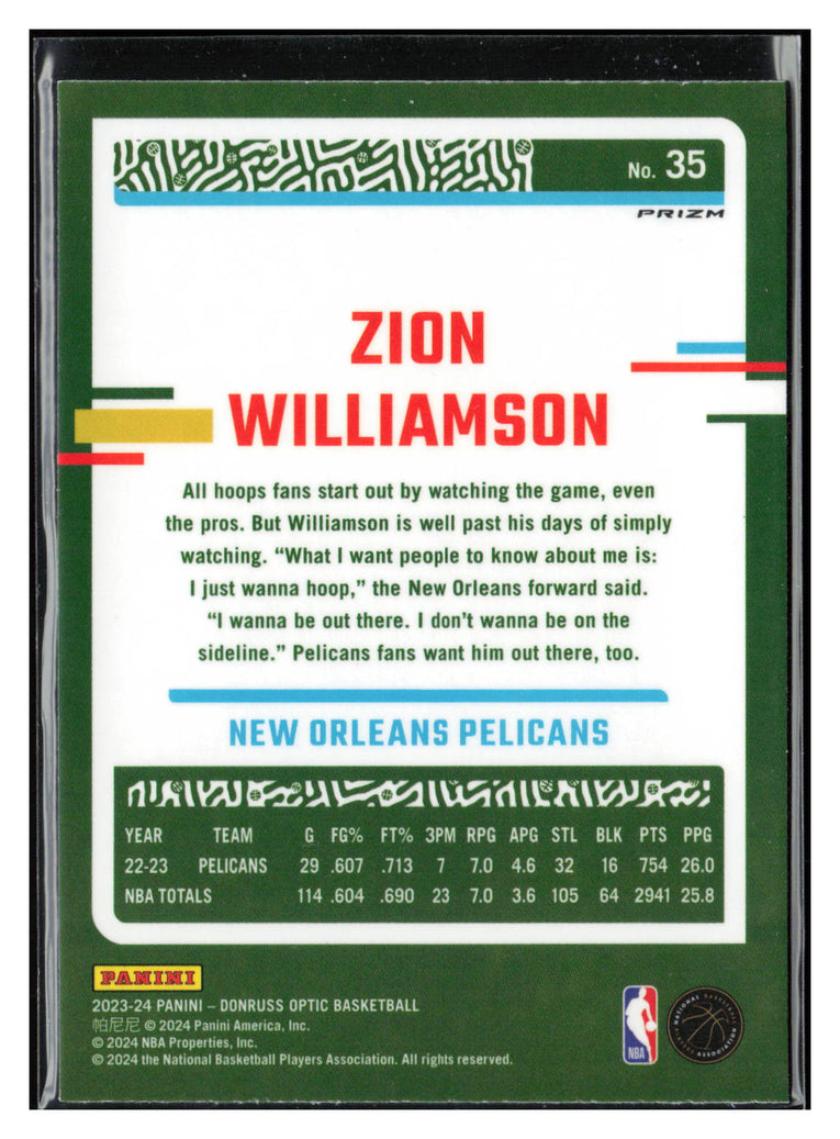 2023-24 Donruss Optic #35 Zion Williamson Hyper Green