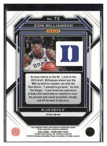 
2023 Panini Prizm Draft Picks #73 Zion Williamson Green