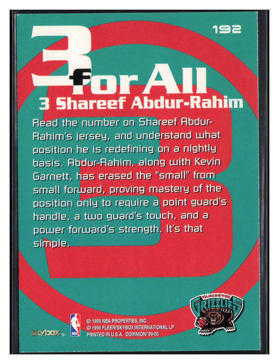1999-00 SkyBox Dominion #192 Shareef Abdur-Rahim