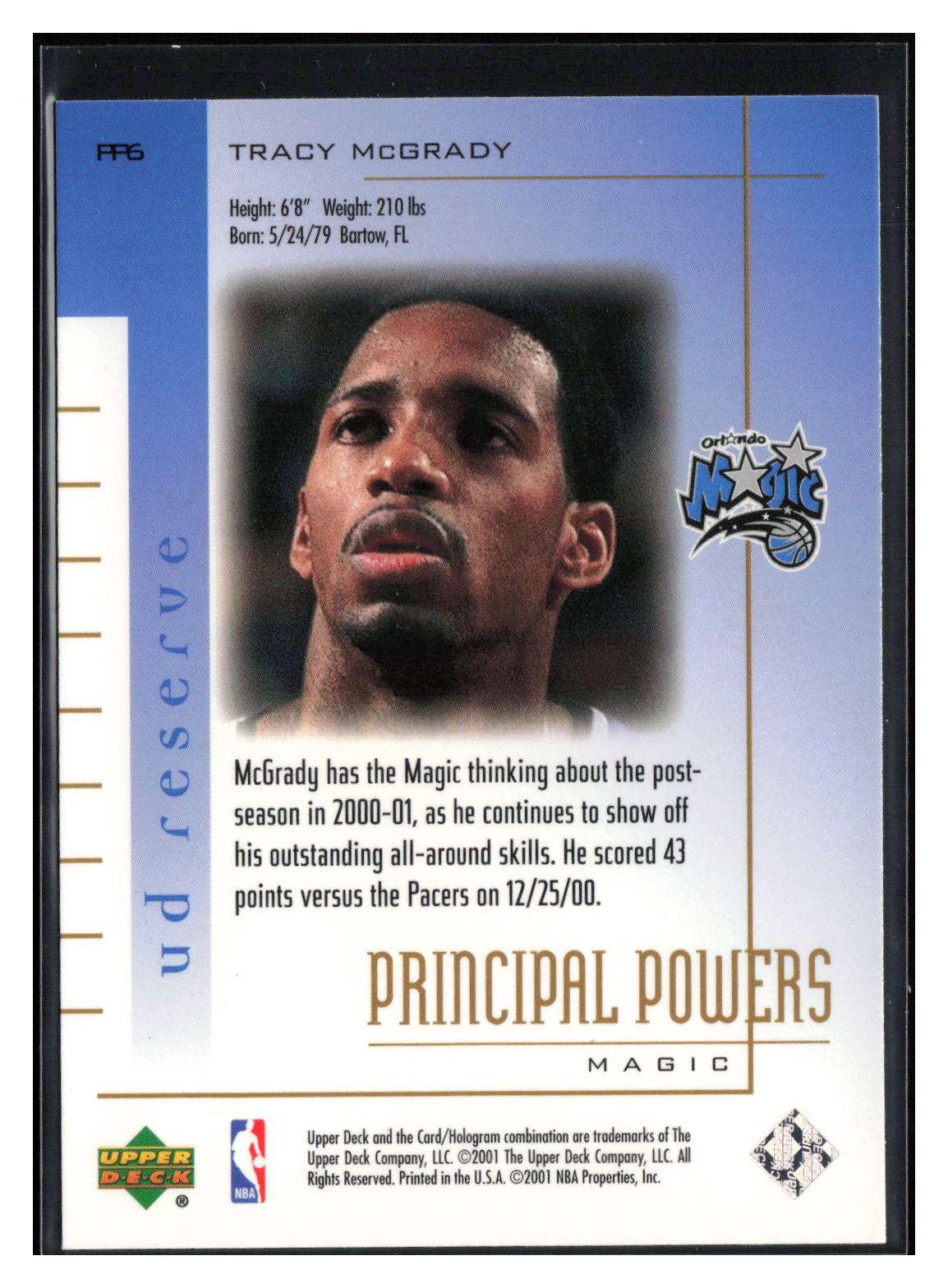 2000-01 UD Reserve #PP6 Tracy McGrady Principal Powers
