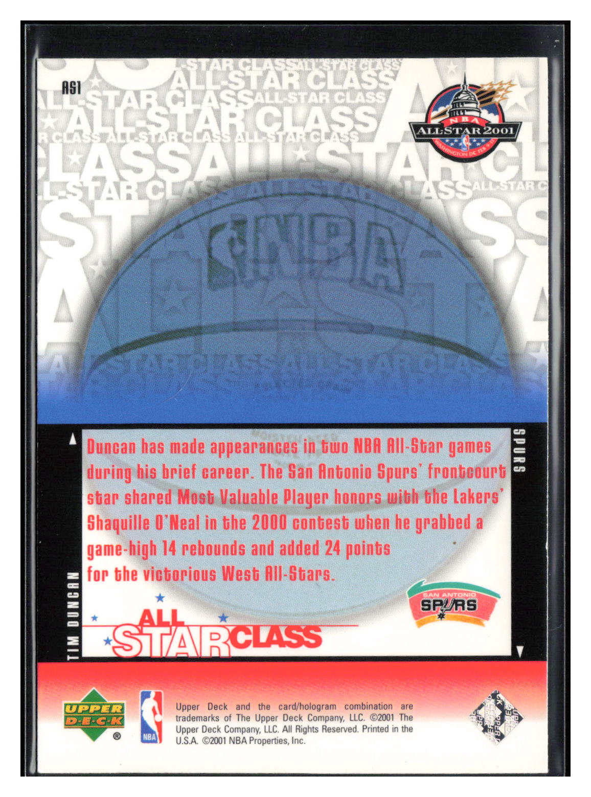 2000-01 Upper Deck #AS1 Tim Duncan All-Star Class