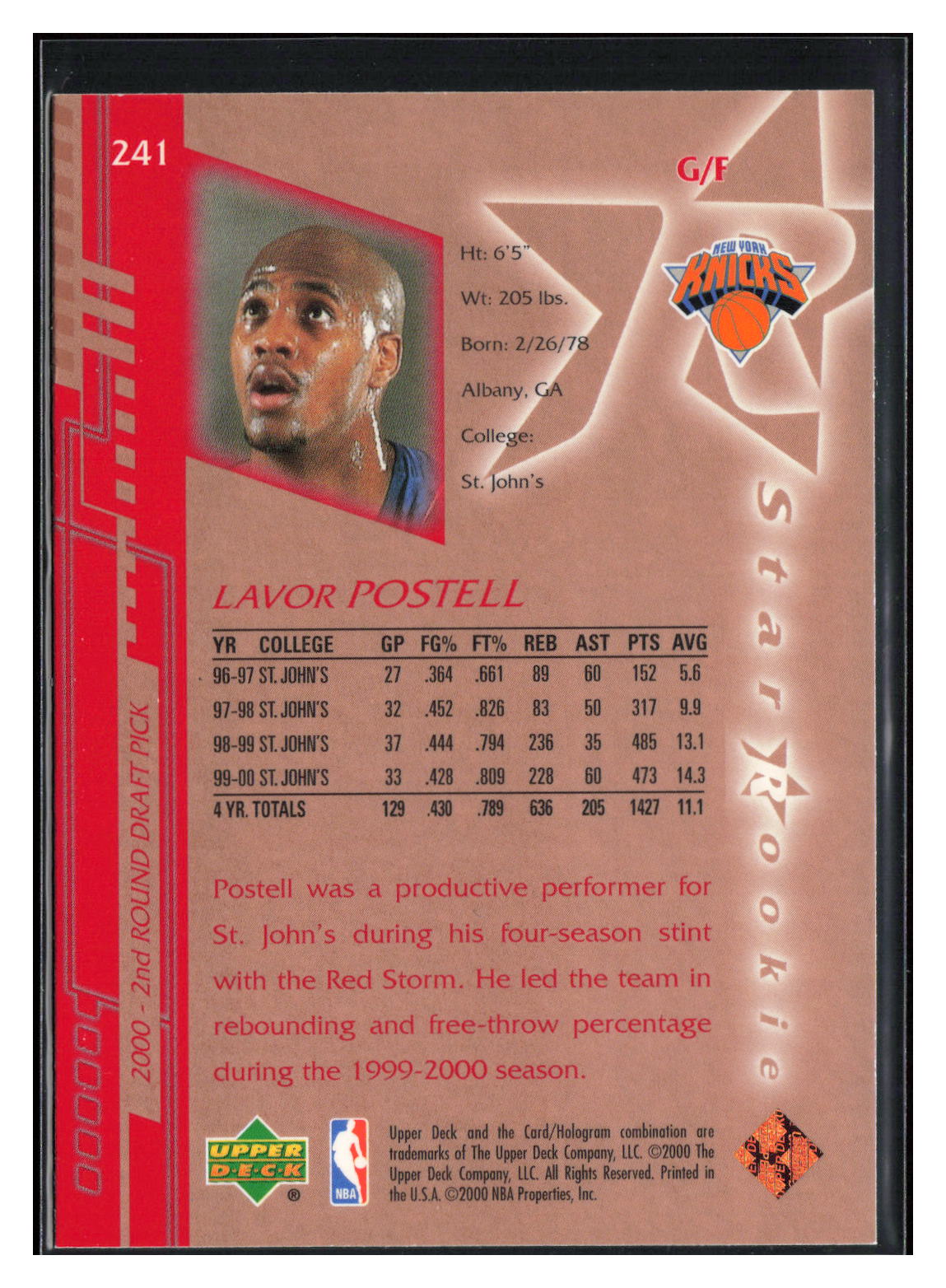 2000-01 Upper Deck #241 Lavor Postell