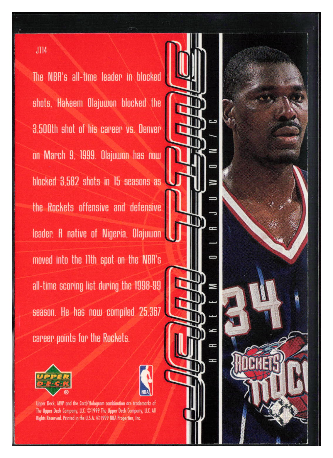 1999-00 Upper Deck MVP #JT14 Hakeem Olajuwon Jam Time
