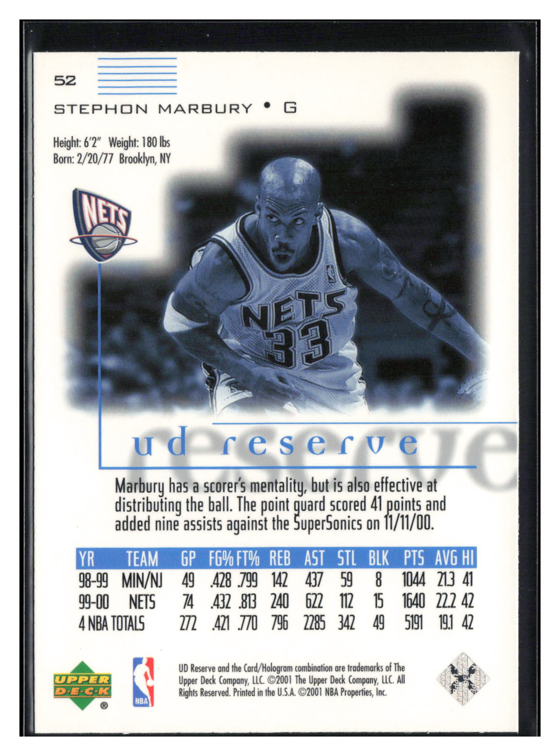 2000-01 UD Reserve #52 Stephon Marbury