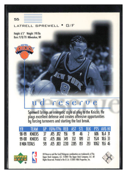 2000-01 UD Reserve #55 Latrell Sprewell