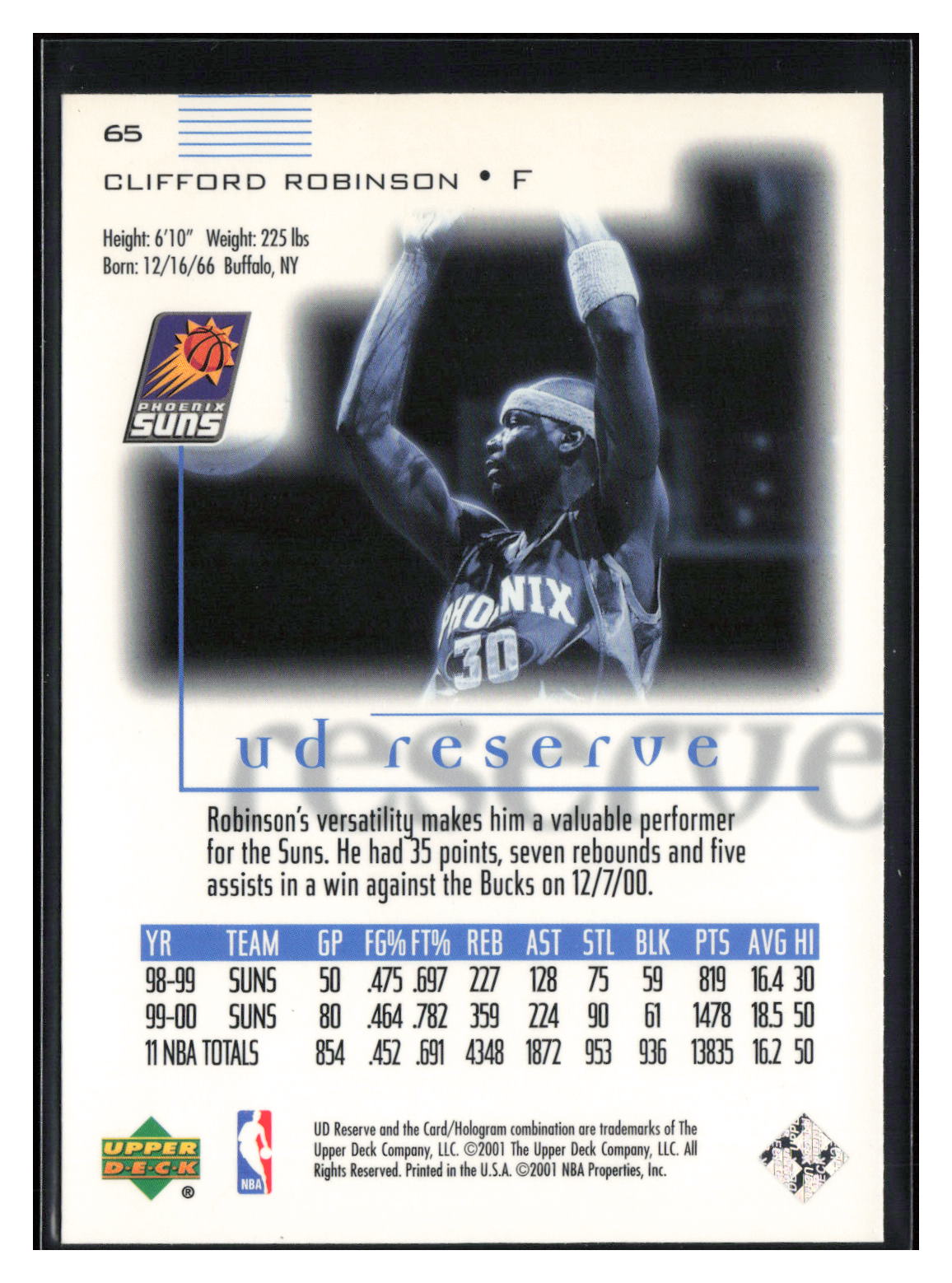 2000-01 UD Reserve #65 Clifford Robinson