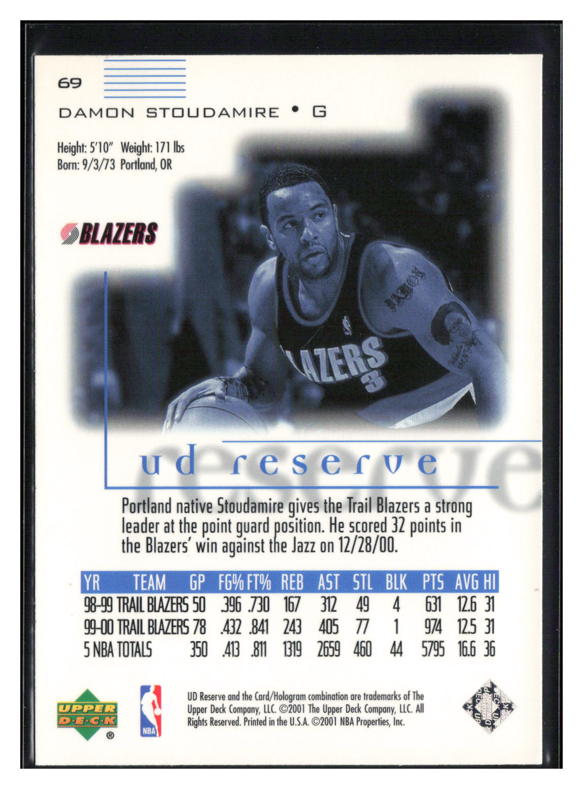2000-01 UD Reserve #69 Damon Stoudamire