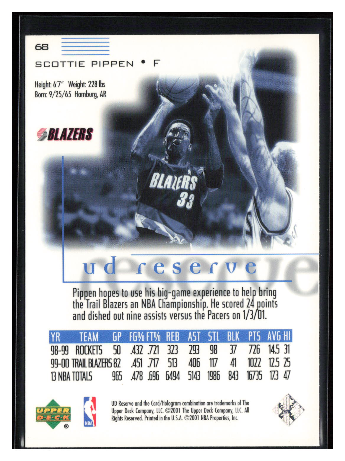 2000-01 UD Reserve #68 Scottie Pippen