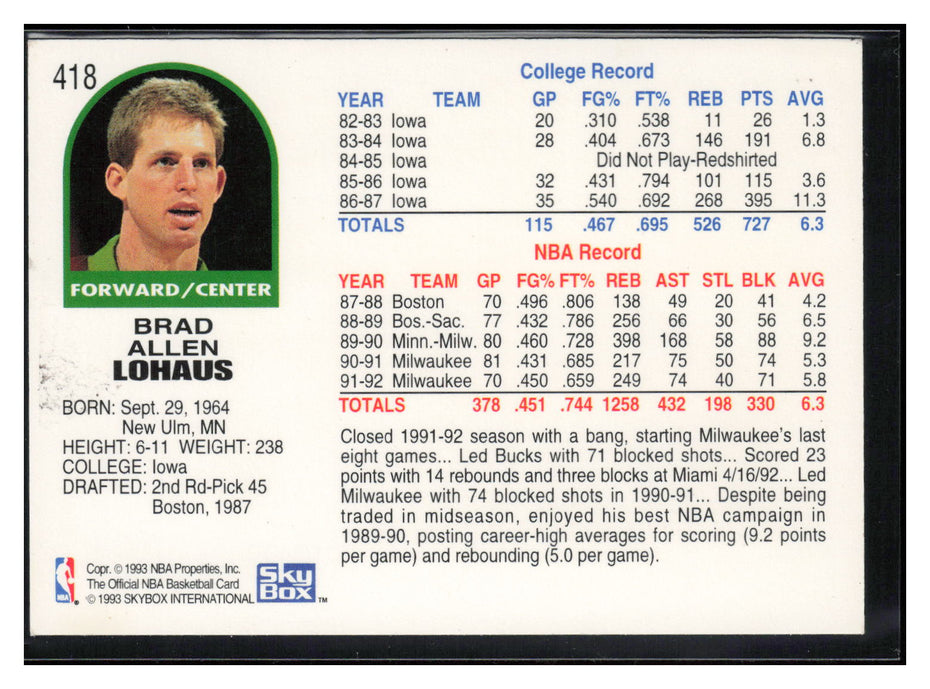 1992-93 Hoops #418 Brad Lohaus