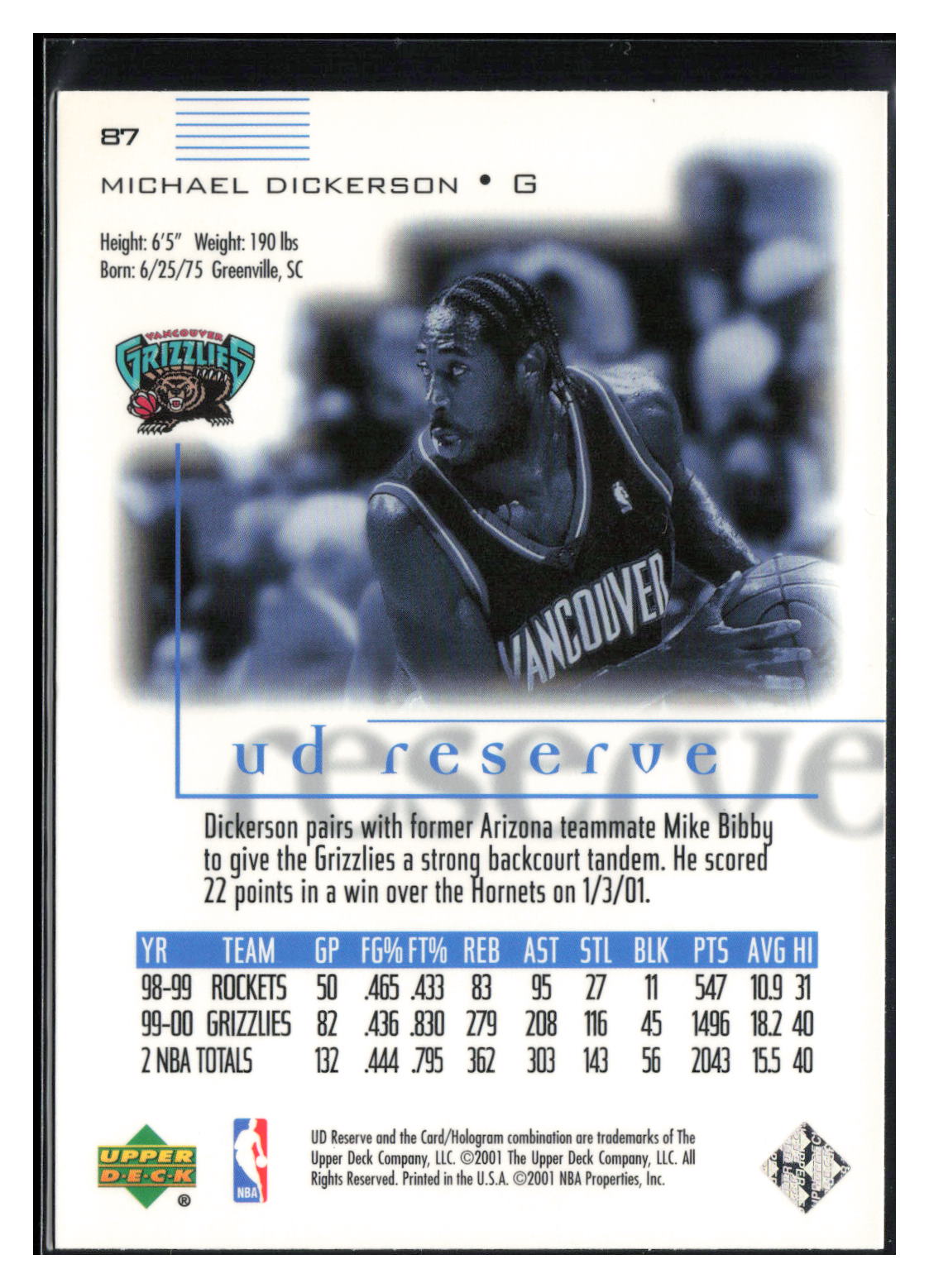 2000-01 UD Reserve #87 Michael Dickerson