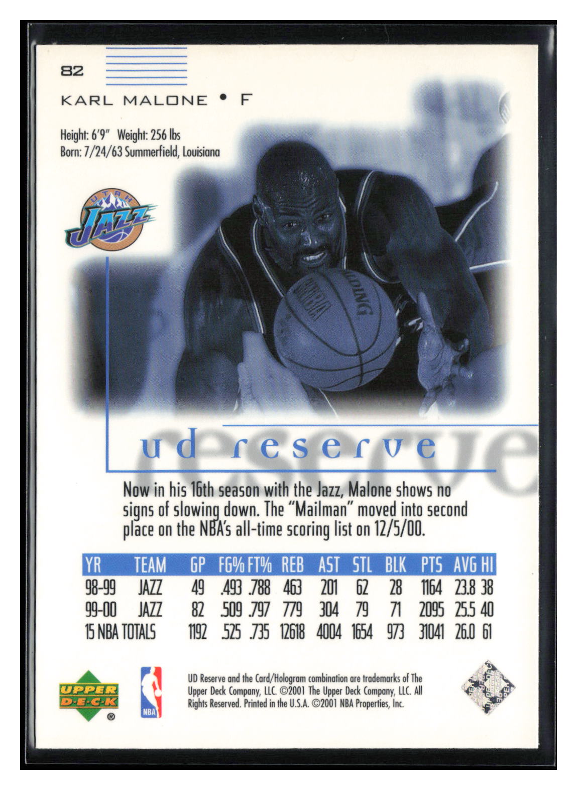 2000-01 UD Reserve #82 Karl Malone