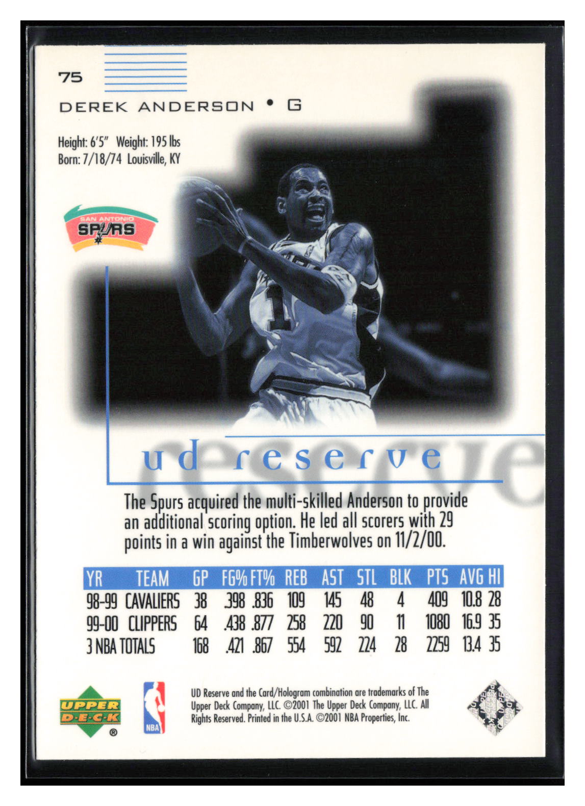 2000-01 UD Reserve #75 Derek Anderson