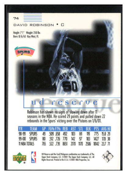 2000-01 UD Reserve #74 David Robinson