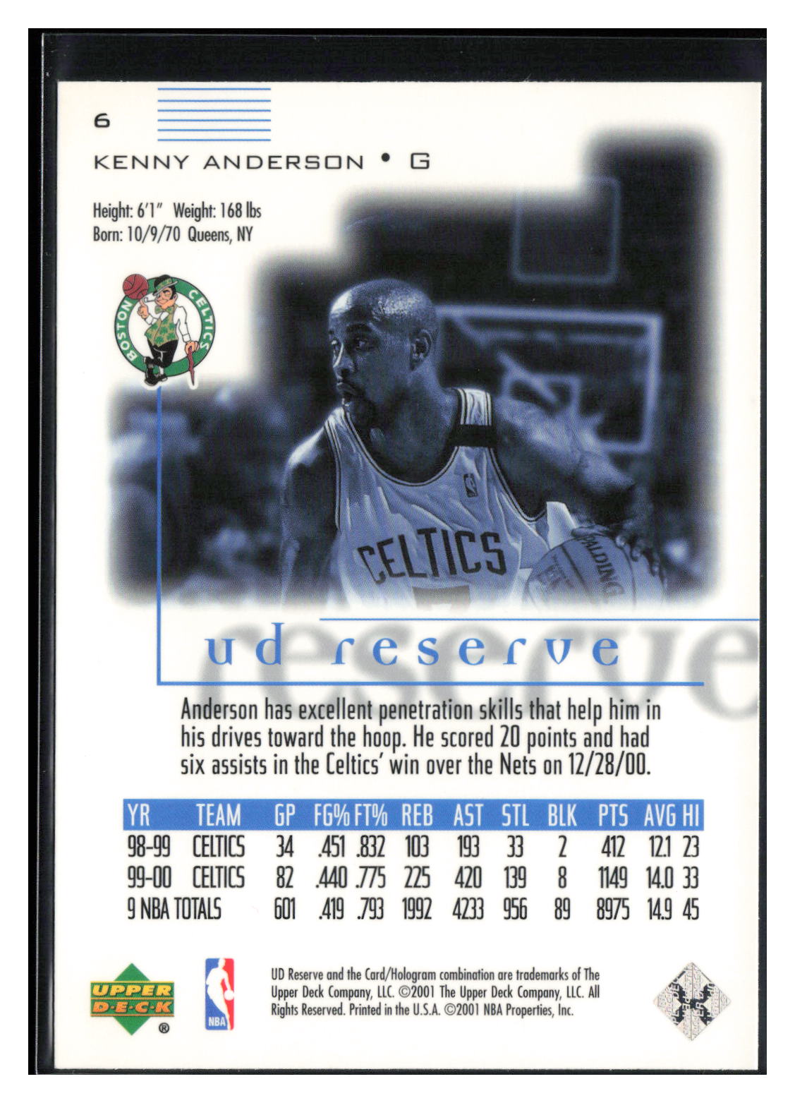 2000-01 UD Reserve #6 Kenny Anderson