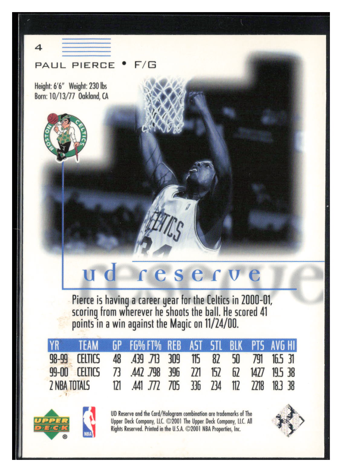 2000-01 UD Reserve #4 Paul Pierce
