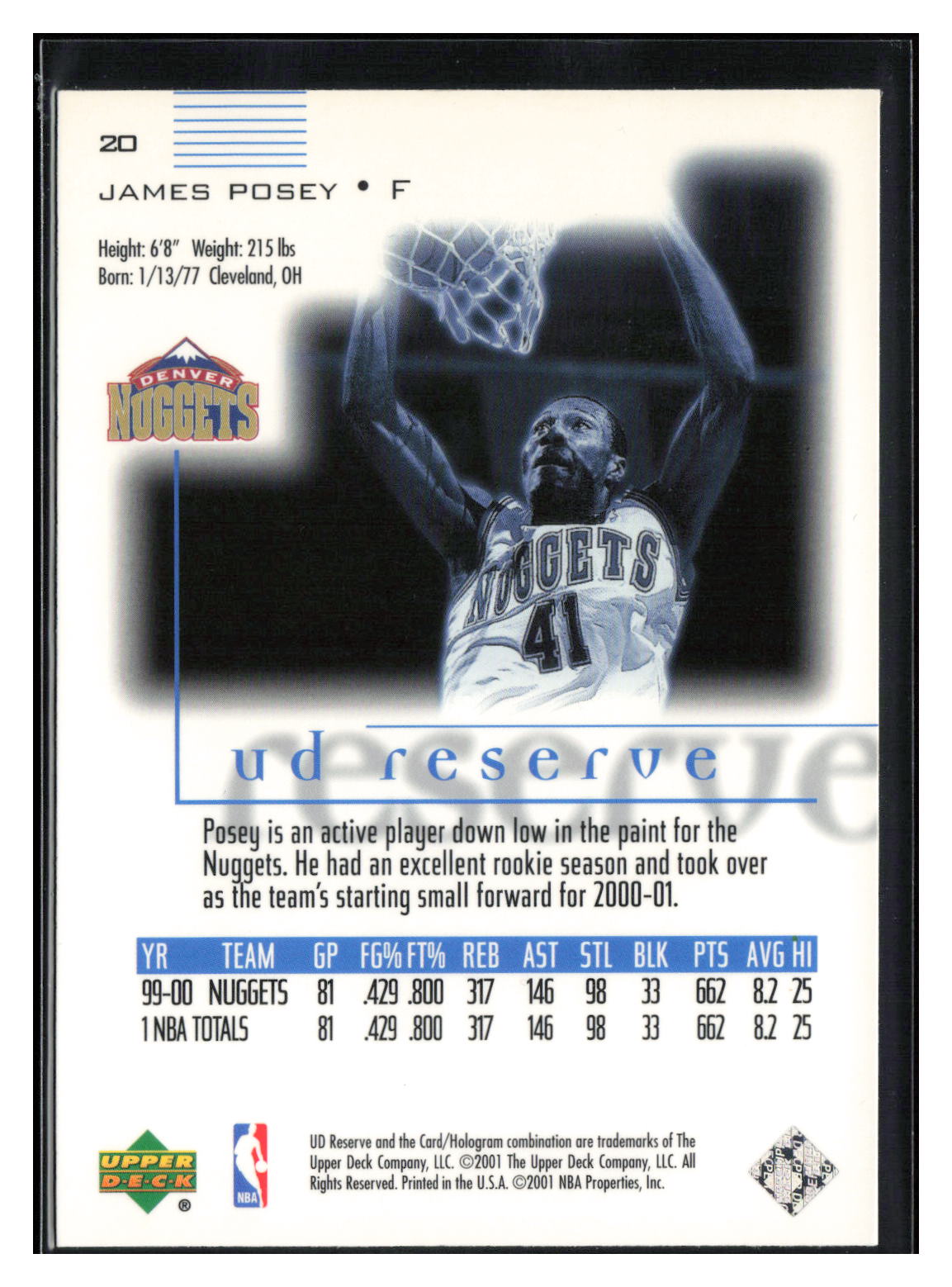2000-01 UD Reserve #20 James Posey