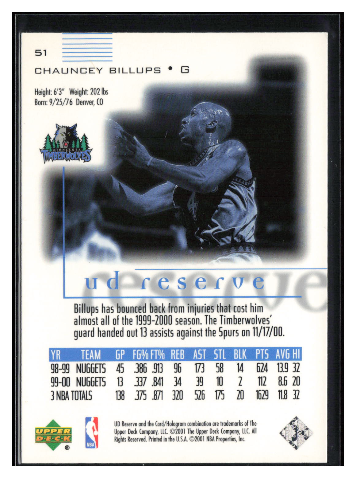 2000-01 UD Reserve #51 Chauncey Billups