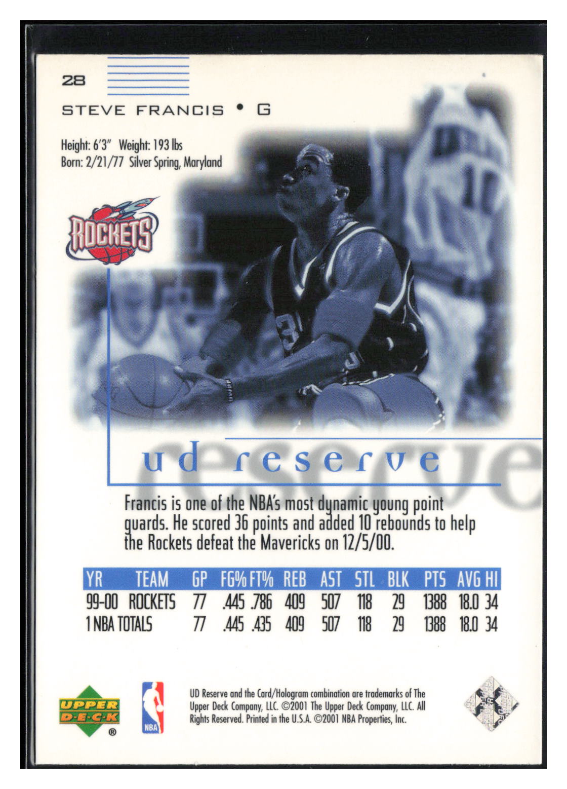 2000-01 UD Reserve #28 Steve Francis