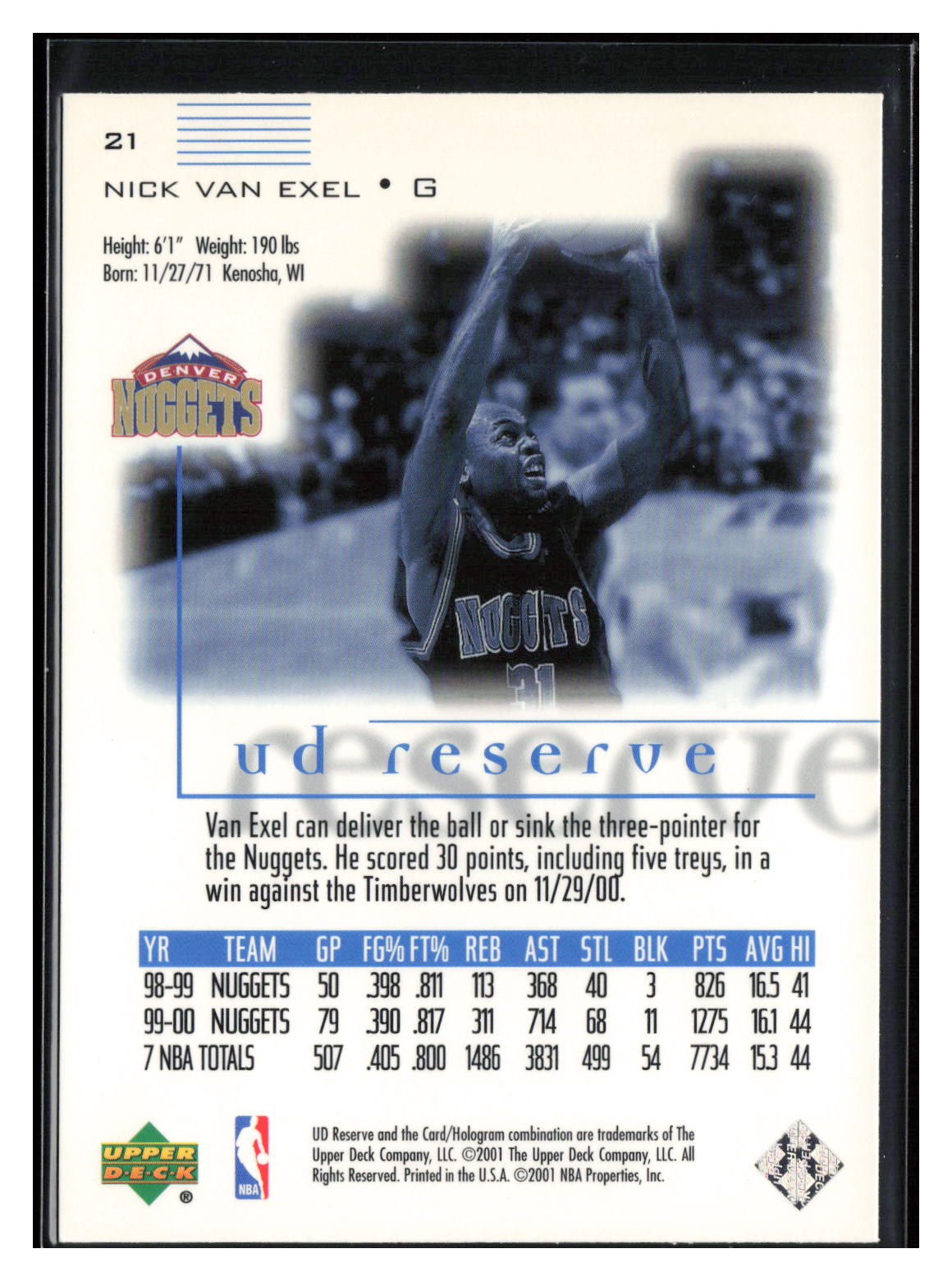 2000-01 UD Reserve #21 Nick Van Exel