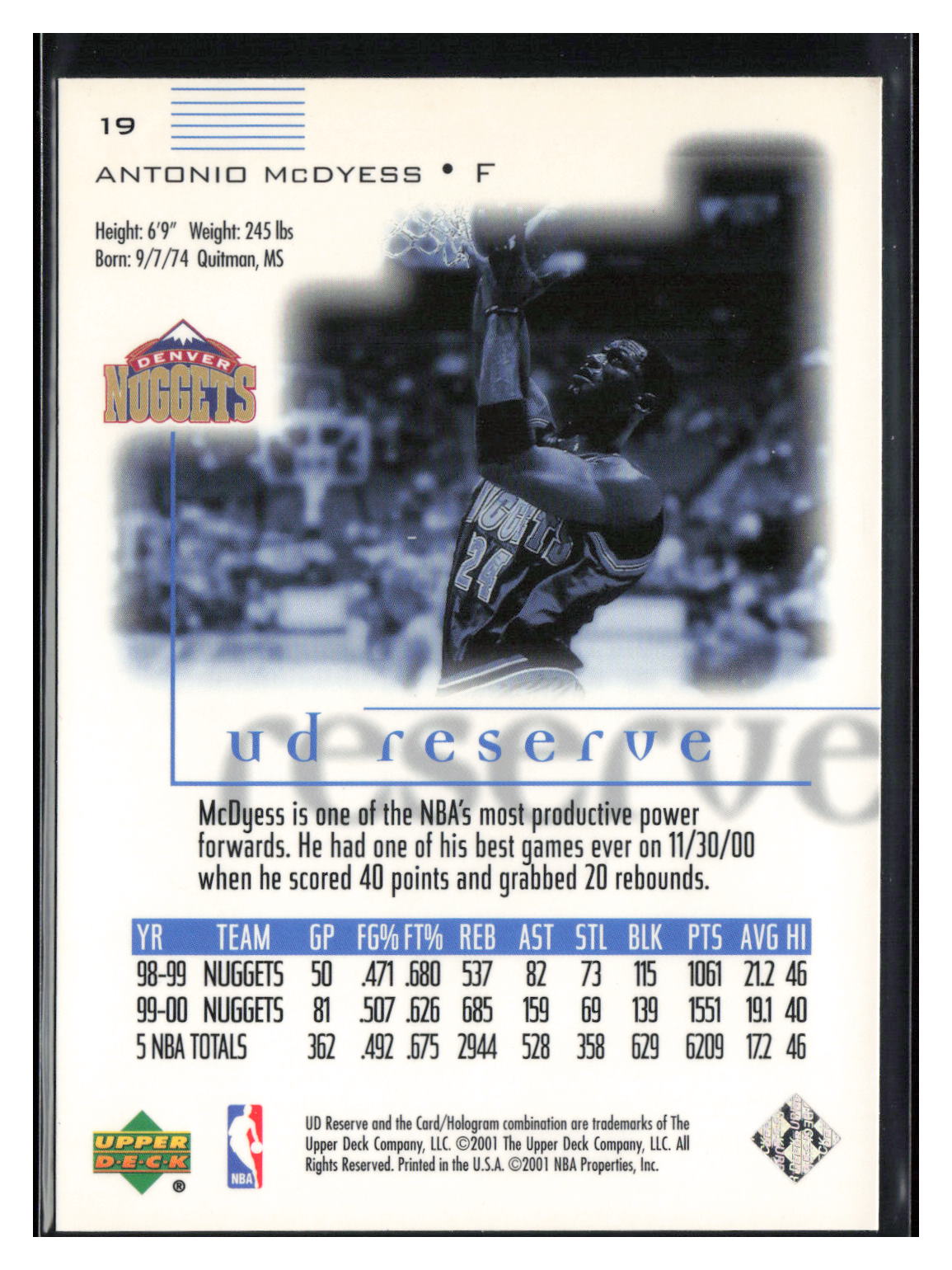 2000-01 UD Reserve #19 Antonio McDyess